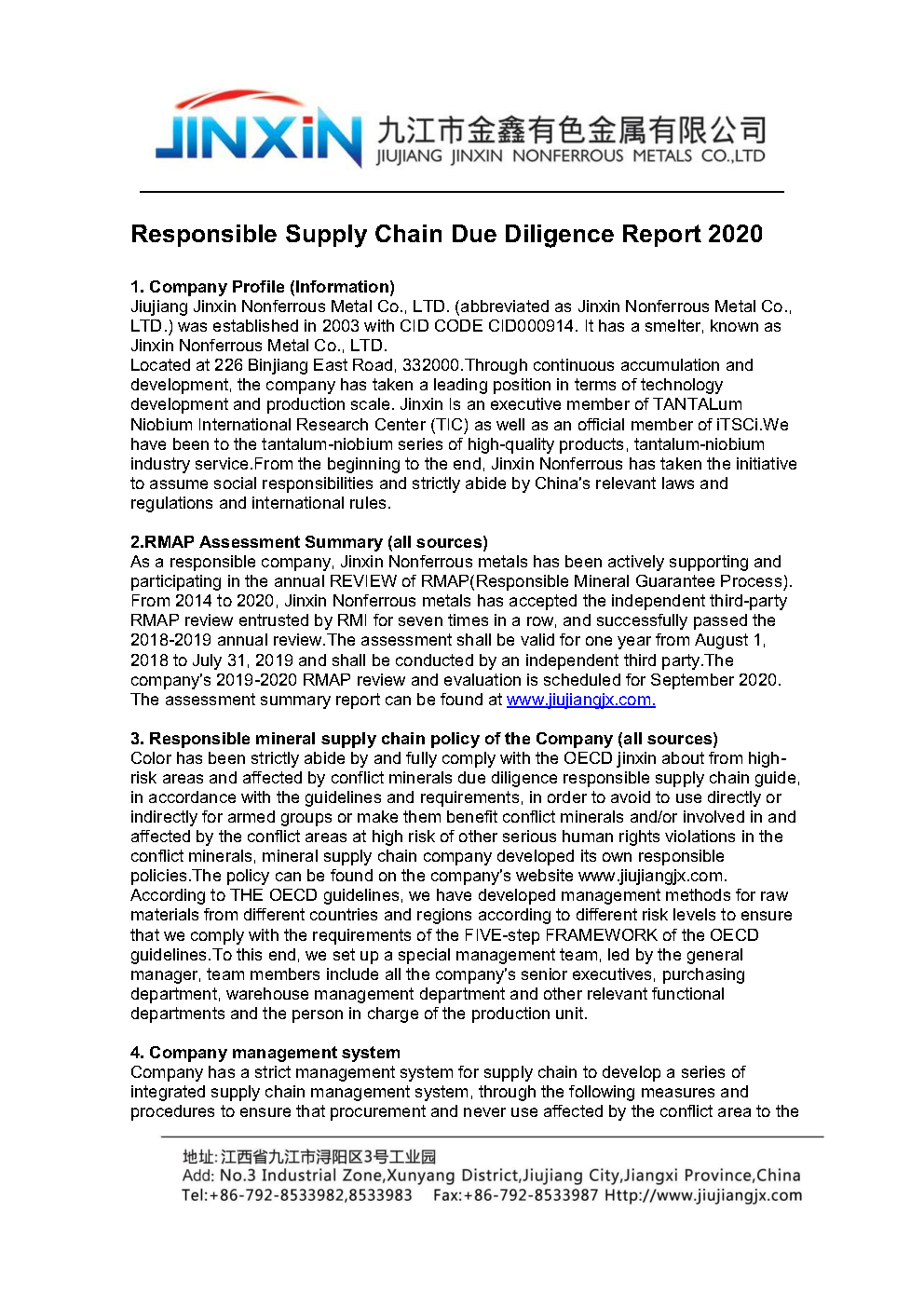 Responsible Supply Chain Due Diligence Report 2020
